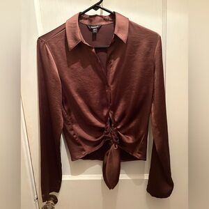 Express Red Long Sleeve Tie Front Blouse
